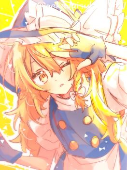 Rule 34 | 1girl, apron, black gloves, black hat, black skirt, black vest, blonde hair, blush, bow, braid, commentary, fingerless gloves, gloves, hair between eyes, hair bow, hat, hat bow, kirisame marisa, long hair, looking at viewer, nekodaisuki3737, one eye closed, puffy short sleeves, puffy sleeves, short sleeves, side braid, single braid, skirt, solo, touhou, twitter username, vest, waist apron, white apron, white bow, witch hat, yellow eyes
