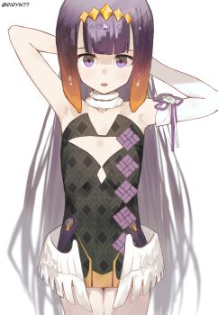 1girl :o armpits arms_behind_head arms_up black_dress blunt_bangs choker clothing_cutout commentary cowboy_shot dress elbow_gloves english_commentary flat_chest gloves gradient_hair highres hololive hololive_english long_hair looking_at_viewer low_wings multicolored_hair ninomae_ina'nis ninomae_ina'nis_(1st_costume) open_mouth orange_hair purple_eyes purple_hair raised_inner_eyebrows riryn77 simple_background single_elbow_glove solo straight-on tentacle_hair tiara twitter_username two-tone_hair very_long_hair virtual_youtuber white_background white_choker white_gloves wings