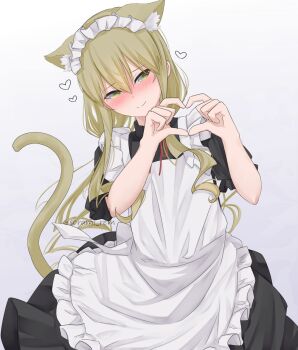 1boy animal_ear_fluff animal_ears artist_name blonde_hair blush cat_boy cat_ears cat_tail cowboy_shot crossdressing crossdressing_(mtf) frills heart heart_hands long_hair maid maid_headdress male_focus male_maid mixed-language_commentary original puffy_short_sleeves puffy_sleeves short_sleeves skirt solo sorami_rem tail trap upper_body