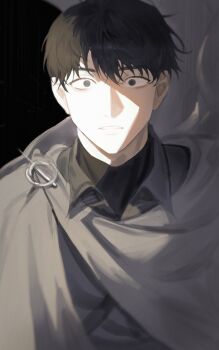 1boy black_background black_eyes black_hair black_shirt cape choi_han cloak collared_shirt commentary_request glint grey_cape highres korean_commentary looking_at_viewer lout_of_count&#039;s_family male_focus monchya_33 parted_lips sanpaku scar shirt short_hair solo upper_body wide-eyed