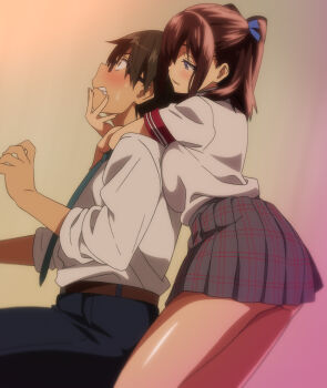 1boy 1girl belt black_hair black_pants blurry blush breasts brown_belt character_request clenched_teeth collared_shirt embarrassed from_side front-to-back glasses grey_skirt hair_between_eyes half-closed_eyes hug hug_from_behind large_breasts light_smile medium_hair miniskirt necktie pants pleated_skirt school_uniform shirt short_hair short_sleeves sideboob sidelocks sitting skirt sleeves_pushed_up standing surprised t-rex_(animation_studio) takeda_hiromitsu teeth twintails white_shirt