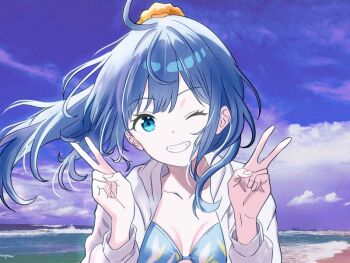 1girl ahoge beach bikini bikini_under_clothes blue_bikini blue_eyes blue_hair blush breasts commentary_request double_v fingernails kousan long_hair looking_at_viewer make_heroine_ga_oo_sugiru! one_eye_closed outdoors ponytail smile solo swimsuit teeth upper_body v yanami_anna