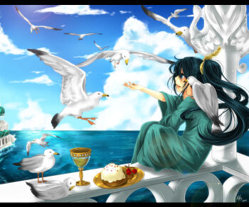 1boy 2011 animal beak bird black_hair blue_eyes building chalice cloud cup day floating_hair flying food gil-galad hair_ornament high_ponytail kittykatkanie long_hair male_focus ocean ponytail profile robe seagull signature sky solo the_silmarillion tolkien's_legendarium water wings