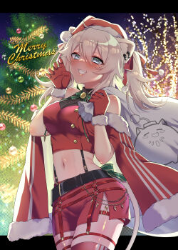 1girl absurdres adapted_costume ahoge animal_ear_piercing animal_ears bare_shoulders belt black_belt bow bowtie breasts buttons cape christmas christmas_tree clothes_pull commentary_request cowboy_shot double-breasted double-parted_bangs fur-trimmed_cape fur-trimmed_gloves fur_trim gloves gold_buttons green_bow green_bowtie grey_eyes grey_hair grin hair_between_eyes halter_shirt halterneck hat highres holding holding_sack hololive large_breasts lion_ears lion_girl lion_tail long_hair long_sidelocks looking_at_viewer merry_christmas messy_hair midriff minatasiro navel red_cape red_gloves red_hat red_shirt red_shorts red_thighhighs sack santa_costume santa_hat shiny_skin shirt shishiro_botan shishiro_botan_(button-down) shorts shoulder_blush side_slit side_slit_shorts sidelocks smile solo suspenders tail thighhighs two_side_up virtual_youtuber wide_belt