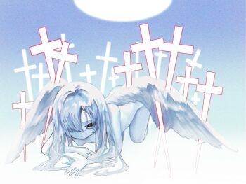 1girl 9_ron23 all_fours angel angel_wings black_eyes blue_background breasts closed_mouth colored_skin cross dot_mouth gradient_background hair_over_one_eye highres impaled latin_cross long_hair looking_at_viewer nude original small_breasts solo white_hair white_skin white_wings wings