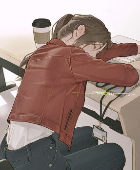 1girl artist_name badge brown_hair claire_redfield coffee commentary computer cup denim desk disposable_coffee_cup disposable_cup english_commentary eyelashes jacket jeans laptop leather leather_jacket pale_skin pants ponytail red_jacket resident_evil resident_evil:_infinite_darkness sardine_(kjr0313) sitting sleeping solo solo_focus