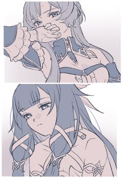 2girls bare_shoulders blunt_bangs blush border bow bowtie breasts columbina_(genshin_impact) commentary_request covering_own_mouth detached_collar detached_sleeves dress empty_eyes feathered_wings gem genshin_impact gloves gradient_background greyscale hair_ornament hair_tubes hand_up head_wings highres inuuupaw jewelry lapels long_hair long_sleeves looking_at_another looking_down looking_up medium_breasts monochrome multiple_girls multiple_wings off-shoulder_dress off_shoulder pendant sandrone_(genshin_impact) sidelocks simple_background strapless strapless_dress sweatdrop upper_body wide_sleeves wing_collar wings x_hair_ornament yuri