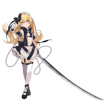 1girl absurdres alternate_costume anomarasu apron bare_shoulders belt bikini bikini_top_only black_bikini black_bow black_dress black_garter_straps black_sleeves blonde_hair blush_stickers bow chain collar collared_dress dress earrings fang frilled_collar frills full_body garter_straps gloves hair_bow highres holding holding_weapon jewelry long_hair looking_at_viewer loose_belt maid_apron maid_headdress mary_janes monogatari_(series) o-ring o-ring_top oshino_shinobu puffy_sleeves shoes skin_fang sleeveless sleeveless_dress smile solo standing star_(symbol) stud_earrings swimsuit sword thighhighs very_long_hair wavy_mouth weapon white_background white_gloves white_thighhighs yellow_eyes