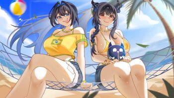 2girls absurdres alternate_costume asymmetrical_horns ball beach beachball bead_choker beads bikini bikini_bottom_under_shorts bikini_under_clothes black_hair blue_eyes blue_hair blue_sky bracelet brazilian_flag brazilian_flag_bikini brazilian_flag_print brazilian_miku brazilian_miku_(cosplay) breasts cleavage cloud collarbone colored_inner_hair commentary cosplay day demon_horns denim denim_shorts dreeky english_commentary exposed_pocket flag_print flag_print_bikini flower gold_bikini green_trim guarana_antarctica hair_intakes hair_ornament hatsune_miku highres hololive hololive_english horizon horn_flower horns jailbird_(nerissa_ravencroft) jewelry large_breasts long_hair looking_at_viewer lowleg lowleg_shorts mole mole_under_eye multicolored_hair multiple_bracelets multiple_girls navel nerissa_ravencroft ocean ouro_kronii outdoors palm_tree print_bikini red_eyes sand shirt shore shorts shorts_tan sky smile swimsuit tan tanline tanline_peek tassel tassel_hair_ornament tree twintails two-tone_hair uneven_horns very_long_hair virtual_youtuber vocaloid water yellow_shirt