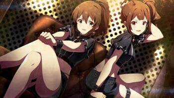 2girls ahoge arm_behind_head arm_up belt black_belt black_shirt black_shorts black_skirt blue_eyes bracelet brown_hair chain couch crop_top crossed_legs diamond-shaped_earrings diamond_(shape) drill_hair drill_ponytail earrings game_cg hair_belt hair_ornament hand_on_own_knee high_collar high_ponytail high_side_ponytail idolmaster idolmaster_million_live! idolmaster_million_live!_theater_days indoors jewelry looking_at_viewer medium_hair midriff miniskirt multiple_girls official_art on_couch open_mouth pleated_sleeves ponytail purple_eyes satake_minako shirt short_shorts short_sleeves shorts side_drill side_ponytail sidelocks sitting skirt thigh_belt thigh_strap third-party_source wrist_belt yokoyama_nao