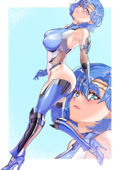 1girl absurdres arion_canvas armpits bishoujo_senshi_sailor_moon blue_eyes blue_gemstone blue_hair bodysuit circlet elbow_gloves gem gloves high_collar high_heels highres lips lipstick makeup mizuno_ami sailor_mercury short_hair skin_tight solo swept_bangs taimanin_(series) taimanin_suit thick_thighs thighhighs thighs zoom_layer