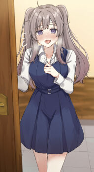 1girl :d although_she_hurriedly_put_on_clothes_(meme) bandaid bandaid_on_face bandaid_on_forehead blue_dress breasts breath collarbone commentary_request doorway dress flying_sweatdrops grey_hair idolmaster idolmaster_shiny_colors long_hair long_sleeves looking_at_viewer medium_breasts meme mogupon open_collar open_mouth pinafore_dress pov_doorway purple_eyes shirt sleeveless sleeveless_dress smile solo sweat twintails very_long_hair white_shirt yukoku_kiriko