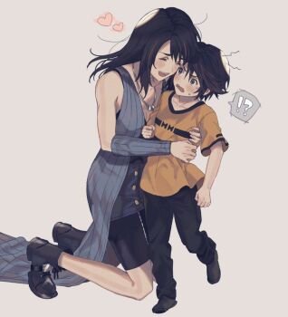 !? 1boy 1girl 234_(1234!) age_difference aged_down arm_warmers bike_shorts black_boots black_hair black_shoes blue_arm_warmers blue_eyes blush boots breasts cleavage closed_eyes commentary_request final_fantasy final_fantasy_viii full_body grey_background heart highres hug jewelry kneeling medium_hair miniskirt necklace open_mouth orange_shirt pants rinoa_heartilly shirt shoes short_hair short_sleeves shorts shorts_under_skirt simple_background skirt sleeveless smile speech_bubble squall_leonhart straight_hair t-shirt time_paradox