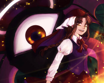 Rule 34 | 1girl, 1other, ahoge, bow, bowtie, braid, brown eyes, brown hair, commentary, cryptmyst, english commentary, evil eye sigma, ex-rika, hat, long hair, long sleeves, purple sweater vest, red skirt, rika (touhou), shirt, skirt, smile, sweater vest, touhou, touhou (pc-98), white shirt, wings