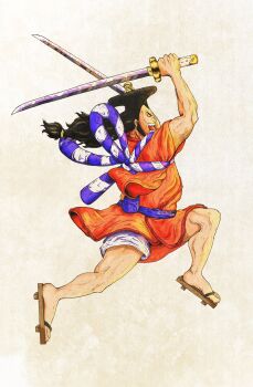 Rule 34 | 1boy, commentary, floating hair, full body, geta, highres, holding, holding sword, holding weapon, japanese clothes, kimono, kouzuki oden, long hair, low ponytail, male focus, mikannakonkon, one piece, open mouth, orange kimono, ponytail, profile, purple sash, sash, simple background, solo, sword, weapon, white background
