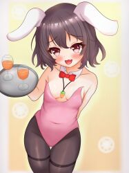 Rule 34 | 1girl, alternate costume, animal ears, black hair, black pantyhose, blush, bow, bowtie, carrot necklace, collar, commentary request, covered navel, cowboy shot, cup, detached collar, drinking glass, fang, floppy ears, highres, holding, holding tray, inaba tewi, jewelry, kasoka soka, leotard, looking at viewer, medium bangs, necklace, open mouth, pantyhose, pink leotard, playboy bunny, rabbit ears, rabbit girl, red bow, red bowtie, red eyes, short hair, skin fang, smile, solo, strapless, strapless leotard, touhou, tray, white collar, wine glass, yellow background