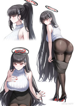 1girl absurdres alternate_hairstyle ass bare_shoulders black_hair black_pantyhose black_shoes black_skirt blue_archive bnari breasts clothes_pull fingernails from_behind from_side hand_on_own_chest high_heels high_ponytail highres large_breasts leaning_forward long_hair multiple_views nail_polish panties panties_under_pantyhose pantyhose parted_lips pencil_skirt ponytail red_eyes red_nails revision rio_(blue_archive) shoes simple_background sitting skirt skirt_pull sleeveless sleeveless_sweater sleeveless_turtleneck standing sweater thighband_pantyhose turtleneck turtleneck_sweater underwear very_long_hair white_background white_sweater
