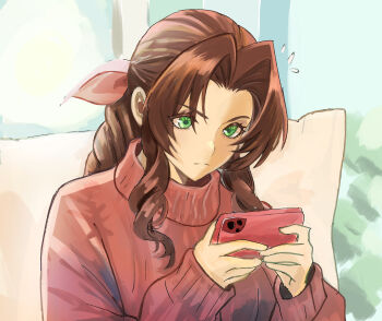 1girl aerith_gainsborough brown_hair cellphone closed_mouth commentary_request final_fantasy final_fantasy_vii flying_sweatdrops green_eyes highres holding holding_phone long_hair long_sleeves phone playing_games red_sweater rino_han sleeves_past_wrists smartphone solo sweater turtleneck turtleneck_sweater upper_body