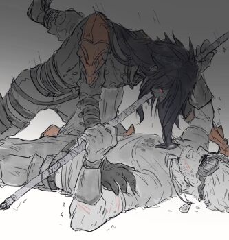 2boys arm_belt armor belt black_hair cid_highwind clenched_teeth commentary english_commentary facial_hair fangs final_fantasy final_fantasy_vii flourishcat gloves glowing glowing_eyes goggles goggles_on_head highres holding holding_polearm holding_weapon leg_up long_hair lying male_focus monster_boy multiple_belts multiple_boys on_back pants polearm rain red_eyes short_hair sketch teeth twitter_username very_long_hair vincent_valentine weapon wet