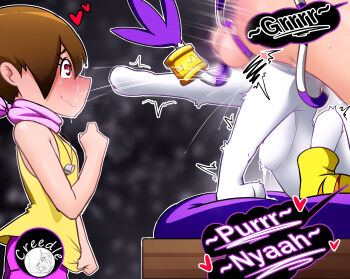 2girls cat creedle digimon digimon_(creature) furry gloves holy_ring looking_at_another multiple_girls scarf sex tailmon yagami_hikari