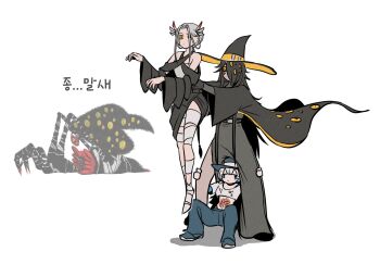 3girls apocalypse_bird balance_scale bandages bandages_over_eyes bare_shoulders between_legs big_bird_(project_moon) black_hair blue_hair cape closed_eyes closed_mouth collarbone colored_sclera commentary crop_top extra_eyes feather_hair_ornament feathers grabbing_another&#039;s_leg hair_ornament hair_over_one_eye hat highres judgement_bird korean_text lifting_person lobotomy_corporation long_sleeves misg1111 multicolored_hair multiple_girls one_eye_closed pants personification project_moon punishing_bird scar scar_across_eye scar_on_face simple_background symbol-only_commentary translation_request two-tone_hair weighing_scale white_background white_hair wide_sleeves witch_hat yellow_eyes yellow_sclera