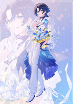 Rule 34 | 1girl, blue hair, full body, gloves, hair between eyes, hand in pocket, highres, hiodoshi ao, hololive, hololive dev is, index finger raised, looking at viewer, official art, pants, parted lips, rin31153336, shirt, shoes, short hair, short sleeves, smile, standing, virtual youtuber, white gloves, white pants, white shirt, white shoes, zoom layer