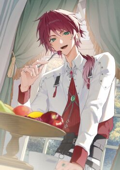 Rule 34 | 1boy, absurdres, alternate costume, commentary, curtains, eating, food, fork, fruit, gradient hair, green eyes, hair between eyes, highres, hisashi kobawa, holding, holding fork, jacket, jewelry, lauren iroas, long hair, looking at viewer, male focus, multicolored hair, multiple rings, nijisanji, open mouth, ponytail, red hair, red shirt, ring, shirt, shirt tucked in, side ponytail, smile, teeth, untranslatable commentary, upper teeth only, virtual youtuber, white jacket