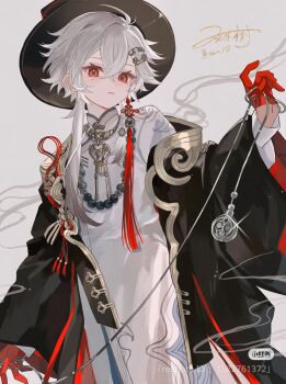 1boy bead_necklace beads black_robe chain chinese_clothes earrings gloves grey_background hair_ornament highres holding jewelry long_sidelocks male_focus namiki_itsuki necklace non-web_source original pendant red_eyes red_glove red_tassel robe short_hair sidelocks signature simple_background single_glove smoke solo taoist_robe watermark white_hair white_robe wide_brim