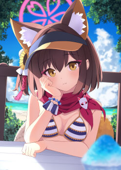 1girl :t animal_ear_fluff animal_ears bikini blue_archive blue_sky blurry blush breasts brown_hair clenched_hands closed_mouth cloud commentary cumulonimbus_cloud day depth_of_field extra_ears eyeshadow food fox_ears fox_girl fox_tail hair_between_eyes halo hand_on_own_cheek hand_on_own_face highres izuna_(blue_archive) izuna_(swimsuit)_(blue_archive) looking_at_viewer makeup medium_breasts medium_hair official_alternate_costume one_side_up outdoors pink_eyeshadow pink_halo pink_scarf red_eyeshadow rururiiro scarf shaved_ice sky smile solo striped_bikini striped_clothes swimsuit tail upper_body visor_cap yellow_eyes
