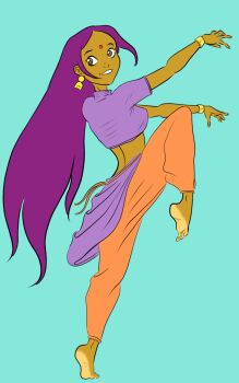 1girl barefoot bindi blue_background bracelet breasts brown_eyes dancing dark_skin earrings facial_mark forehead_mark grin highres indian indian_clothes jewelry long_hair looking_at_viewer looking_back medium_breasts midriff orange_pants pants pookieart purple_hair purple_shirt purple_skirt sally_bollywood sally_bollywood:_super_detective shirt short_sleeves skirt smile standing standing_on_one_leg teeth