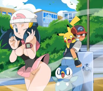 1boy 1girl ash_ketchum ass baseball_cap beanie black_hair blue_eyes blue_hair blush cleft_of_venus dawn_(pokemon) embarrassed fingerless_gloves gen_1_pokemon gen_4_pokemon gloves hainchu hair_ornament hairclip hat legs long_hair looking_at_ass miniskirt nintendo nipples no_panties o_o one_eye_closed open_mouth outdoors pikachu pink_scarf pink_skirt piplup pokedex pokemon pokemon_(anime) pokemon_(creature) pokemon_dppt_(anime) poketch public_indecency pussy scarf shadowed short_hair skirt sleeveless surprised thighs third-party_edit upskirt watch wind wind_lift wristwatch