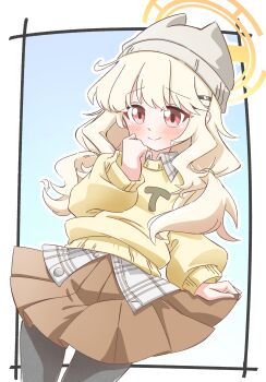 Rule 34 | 1girl, absurdres, animal ear headwear, aoba (blue archive), aoba (mom's touch) (blue archive), aqua background, beanie, blonde hair, blue archive, blush, border, brown skirt, buttons, closed mouth, collared shirt, commentary request, cowboy shot, fake animal ears, gradient background, grey hat, grey pantyhose, grey shirt, hair ornament, hairclip, halo, hand up, hat, highres, long hair, long sleeves, low twintails, official alternate costume, outside border, pantyhose, parallel hairclips, plaid clothes, plaid shirt, pleated skirt, puffy long sleeves, puffy sleeves, red eyes, reiremi, shirt, sidelocks, skirt, skirt hold, smile, solo, sweater, sweater under shirt, twintails, untucked shirt, white border, wing collar, yellow halo, yellow sweater