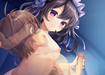 1boy 1girl bad_link black_hair breast_sucking dmm hand_on_own_head handjob headdress hypnos_(kamihime_project) kamihime_project light_smile long_hair nude purple_eyes