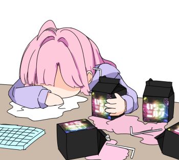 1girl ahoge anyoji_hime anyoji_hime_(winter_loungewear) commentary computer_keyboard desk drink_carton drinking_straw faceless faceless_female gaming_strawberry_milk_(love_live!) highres hood hoodie link!_like!_love_live! long_hair love_live! milk_carton official_alternate_costume pink_hair purple_hoodie sen_yousoro simple_background sleeping sleeping_on_desk solo strawberry_milk virtual_youtuber white_background