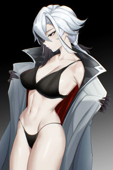 1girl arlecchino_(genshin_impact) black_bra black_eyes black_hair black_panties bra breasts coat commentary_request ei_(eiei_e1) genshin_impact gradient_background highres large_breasts multicolored_hair navel panties short_hair solo stomach streaked_hair thighs two-tone_hair underwear undressing white_coat white_hair