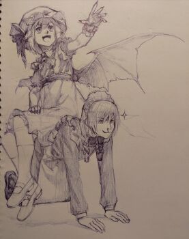 Rule 34 | 2girls, absurdres, all fours, apron, arm up, ascot, bat wings, blood, bow, braid, closed mouth, collared dress, dress, fang, fingernails, frilled apron, frilled wrist cuffs, frills, full body, graphite (medium), hair bow, hat, highres, human chair, human furniture, izayoi sakuya, long hair, looking ahead, looking to the side, maid, maid apron, maid headdress, mary janes, mob cap, multiple girls, nosebleed, open mouth, remilia scarlet, sendai (nazonomono), sharp fingernails, shoes, short hair, short sleeves, sitting, sitting on person, skin fang, smile, socks, sparkle, touhou, traditional media, twin braids, wings, wrist cuffs