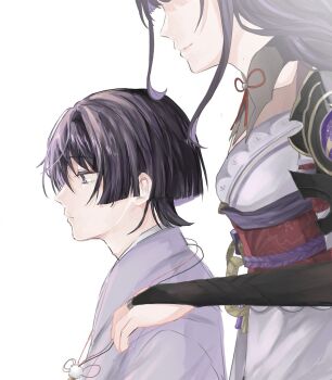 1boy 1girl armor behind_another black_bridal_gauntlets black_hair black_shrug blunt_bangs blunt_ends bridal_gauntlets ce5_ez closed_mouth eyelashes eyeliner eyeshadow facing_another feathers from_side gem genshin_impact gold_ring half-closed_eyes hand_on_another&#039;s_shoulder height_difference highres japanese_armor japanese_clothes juban kimono kote kurokote looking_to_the_side makeup middle_ring mother_and_son multicolored_hair no_eyes obi obiage obijime pink_lips pom_pom_(clothes) profile purple_eyes purple_gemstone purple_hair purple_kimono raiden_shogun red_eyeliner red_eyeshadow sash scaramouche_(genshin_impact) scaramouche_(kabukimono)_(genshin_impact) shrug_(clothing) sidelocks single_sode sketch smile streaked_hair string white_background white_kimono yellow_feathers