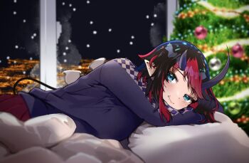 1girl nanashi_inc. alternate_costume black_hair blue_eyes blush breasts christmas_tree city_lights closed_mouth commentary demon_girl demon_horns demon_tail earrings highres horns indoors jewelry large_breasts looking_at_viewer lying multicolored_hair on_bed on_stomach pillow pointy_ears pov_across_bed purple_sweater red_hair red_skirt ryugasaki_rene short_hair skirt smile snowing solo stud_earrings sugar_lyric sweater symbol-only_commentary tail two-tone_hair virtual_youtuber zono_(inokura_syuzo029)