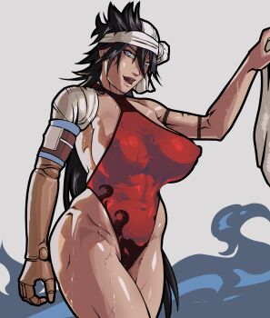 1girl 2022 bandaged_head bandages bare_shoulders black_hair bleach blue_eyes breasts collarbone equinox female_focus large_breasts long_hair open_mouth prosthesis prosthetic_arm shiba_kuukaku shiny_skin simple_background solo solo_focus standing swimsuit variant_set wet