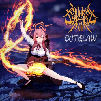 1girl :3 album_cover arm_up aru_(blue_archive) black_footwear blue_archive blunt_bangs breasts brown_coat clenched_hand closed_mouth coat coat_on_shoulders collared_shirt commentary_request convenient_censoring cover demon_horns dress_shirt english_text fire full_body fur-trimmed_coat fur_trim gesupi_(provlemsolver57) guitar halo high-waist_skirt high_heels highres holding holding_guitar holding_instrument horns instrument large_breasts light_blush long_hair long_sleeves looking_at_viewer neck_ribbon night orange_eyes orange_halo outdoors parody pink_hair problem_solver_68_(blue_archive) pyrokinesis red_ribbon ribbon shirt sidelocks skirt smile solo split_mouth standing tsurime white_shirt yngwie_malmsteen