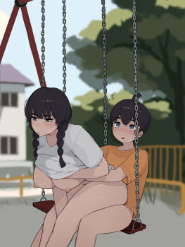 1boy 1girl age_difference ahoge akiyama_fumika_(pepper0) akiyama_yuto_(pepper0) black_hair blue_eyes blurry blurry_background blush bottomless braid breasts brother_and_sister hetero highres large_breasts nipples on_swing onee-shota original outdoors pepper0 playground sex sex_from_behind shirt short_hair shota siblings swing twin_braids white_shirt