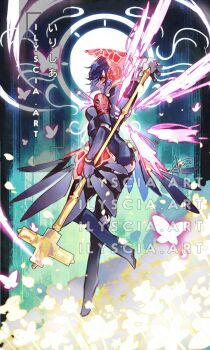 1girl android armband artist_name black_hair bug butterfly colorful_background commentary detached_wings falling_petals field floating flower flower_field from_behind full_body highres holding holding_polearm holding_weapon ilyscia insect looking_at_viewer looking_back mask metis_(persona) persona persona_3 persona_3_reload persona_3_the_answer petals polearm red_armband red_eyes red_mask s.e.e.s short_hair signature solo unworn_mask weapon wings yellow_flower yellow_petals