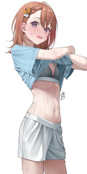1girl absurdres blue_shirt blush braid braided_bangs breasts brown_hair clothes_lift cowboy_shot grey_sports_bra hair_ornament hanasato_minori highres kawai_ritsu_(rits_meg) lifting_own_clothes looking_at_viewer navel open_mouth pants project_sekai purple_eyes shirt shirt_lift short_hair short_sleeves simple_background small_breasts solo sports_bra stomach sweat thighs white_background white_pants