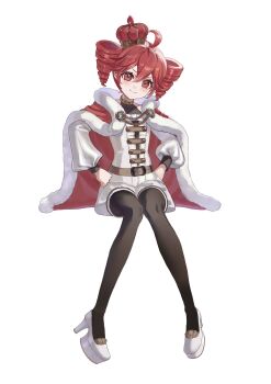 Rule 34 | 1girl, cape, capelet, commentary request, crown, drill hair, fur-trimmed cape, fur trim, highres, kasane teto, leggings, looking at viewer, nemari (user wtca7244), red capelet, red eyes, red hair, simple background, smile, smug, twin drills, vocaloid, white background