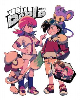 Rule 34 | 2boys, 2girls, aipom, backwards hat, baseball cap, black hair, black socks, brown hair, buttons, cut-in, dj mary (pokemon), ethan (pokemon), facial hair, fingernails, full body, gen 2 pokemon, goggles, goggles on head, grin, hand on own hip, hands in pockets, hat, highres, jacket, long sleeves, multiple boys, multiple girls, mustache, nintendo, ok ko19, open mouth, pink hair, pointing, pointing at another, pokemon, pokemon (creature), pokemon adventures, radio director (pokemon), red hair, red socks, rolled-up paper, shoes, short shorts, short sleeves, shorts, smeargle, smile, sneakers, socks, standing, tail, teeth, twintails, white jacket, white shorts, whitney (pokemon), yellow shorts