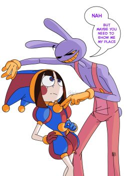 1boy 1girl asymmetrical_gloves blue_eyes blue_gloves blush_stickers brown_hair colored_skin colored_teeth dentures donilpower gloves hat hat_bell highres jax_(the_amazing_digital_circus) jester jester_cap jester_costume mismatched_gloves multicolored_eyes multicolored_hat pomni_(the_amazing_digital_circus) puffy_sleeves red_eyes red_gloves short_hair short_sleeves smile striped_clothes striped_headwear the_amazing_digital_circus two-tone_eyes vertical-striped_clothes vertical-striped_headwear yellow_teeth