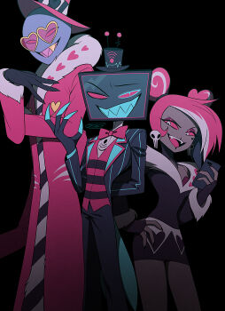 Rule 34 | 1girl, 2boys, :d, absurdres, arm behind back, asymmetrical bangs, bald, black background, black coat, black eyes, black gloves, black hair, black hat, black nails, black pants, black shirt, black skirt, black vest, blue eyes, blue teeth, bow, bowtie, buttons, coat, colored sclera, colored skin, colored teeth, commentary request, cowboy shot, dark-skinned female, dark skin, doll joints, double bun, earrings, extra arms, eyeshadow, fangs, fewer digits, film grain, fingerless gloves, fur-trimmed robe, fur-trimmed shirt, fur-trimmed sleeves, fur trim, gloves, gold teeth, hair bun, hand on own arm, hand on own chest, hand on own hip, hand up, hat, hat ornament, hazbin hotel, heart, heart-shaped eyewear, heart button, heart hair bun, heart hat ornament, hellaverse, highres, holding, holding phone, jewelry, joints, lapels, looking at viewer, makeup, menma (enaic31), miniskirt, multicolored hair, multiple boys, nail polish, notched lapels, object head, open clothes, open coat, open mouth, pants, pencil skirt, phone, pink-tinted eyewear, pink bow, pink bowtie, pink hair, pink hat, pink robe, pink sclera, pink vest, pinstripe coat, purple skin, radio antenna, raised eyebrow, red eyeshadow, robe, sharp teeth, shirt, signature, simple background, skirt, skull earrings, smile, standing, streaked hair, striped clothes, striped vest, sunglasses, teeth, television, tinted eyewear, tongue, top hat, traditional bowtie, turtleneck, turtleneck shirt, two-sided coat, two-sided fabric, two-tone vest, upper teeth only, v-shaped eyebrows, valentino (hazbin hotel), velvette (hazbin hotel), vest, vox (hazbin hotel), white eyes, white hair, white shirt, wi-fi symbol, yellow-framed eyewear