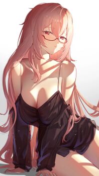 1girl absurdres arm_support bare_shoulders black_dress breasts chinese_commentary cleavage collarbone commentary_request dress glasses hair_between_eyes highres large_breasts laska_(572124034) leaning_forward light_particles long_hair long_sleeves looking_at_viewer off_shoulder parted_lips pink_eyes pink_hair red-framed_eyewear semi-rimless_eyewear short_dress sidelocks simple_background sitting solo spaghetti_strap thighs tsukishiro_yanagi under-rim_eyewear very_long_hair white_background zenless_zone_zero