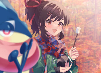 1girl :d alternate_costume asuka_(senran_kagura) autumn autumn_leaves black_hair black_shirt blue_scarf blush breasts brown_eyes buttons camping casual crossover fire food forest gen_6_pokemon gogat8 green_jacket greninja hair_ornament hair_ribbon hairclip holding holding_food holding_stick jacket large_breasts leaf long_sleeves long_tongue looking_at_viewer marshmallow nature nintendo open_mouth outdoors plaid_clothes plaid_scarf plant pokemon pokemon_(creature) ponytail red_eyes red_ribbon red_scarf ribbed_shirt ribbon roasted_marshmallow scarf senran_kagura senran_kagura_shoujo-tachi_no_shin'ei shirt short_hair smile sparks stick swept_bangs tongue tongue_scarf tree two-tone_scarf webbed_hands
