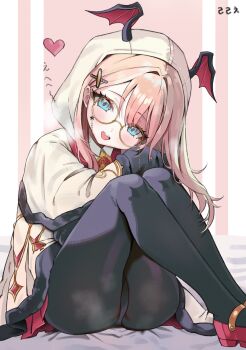 1girl absurdres artist_request ass black_pantyhose blonde_hair blue_eyes blush commission glasses heart highres hood hood_up knees_up long_hair long_sleeves looking_at_viewer open_mouth original panties panties_under_pantyhose pantyhose round_eyewear second-party_source sitting smile solo underwear
